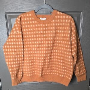 FRNCH Warm Orange Checkered Crew Neck Knitwear Sweater Sz Small Meduim